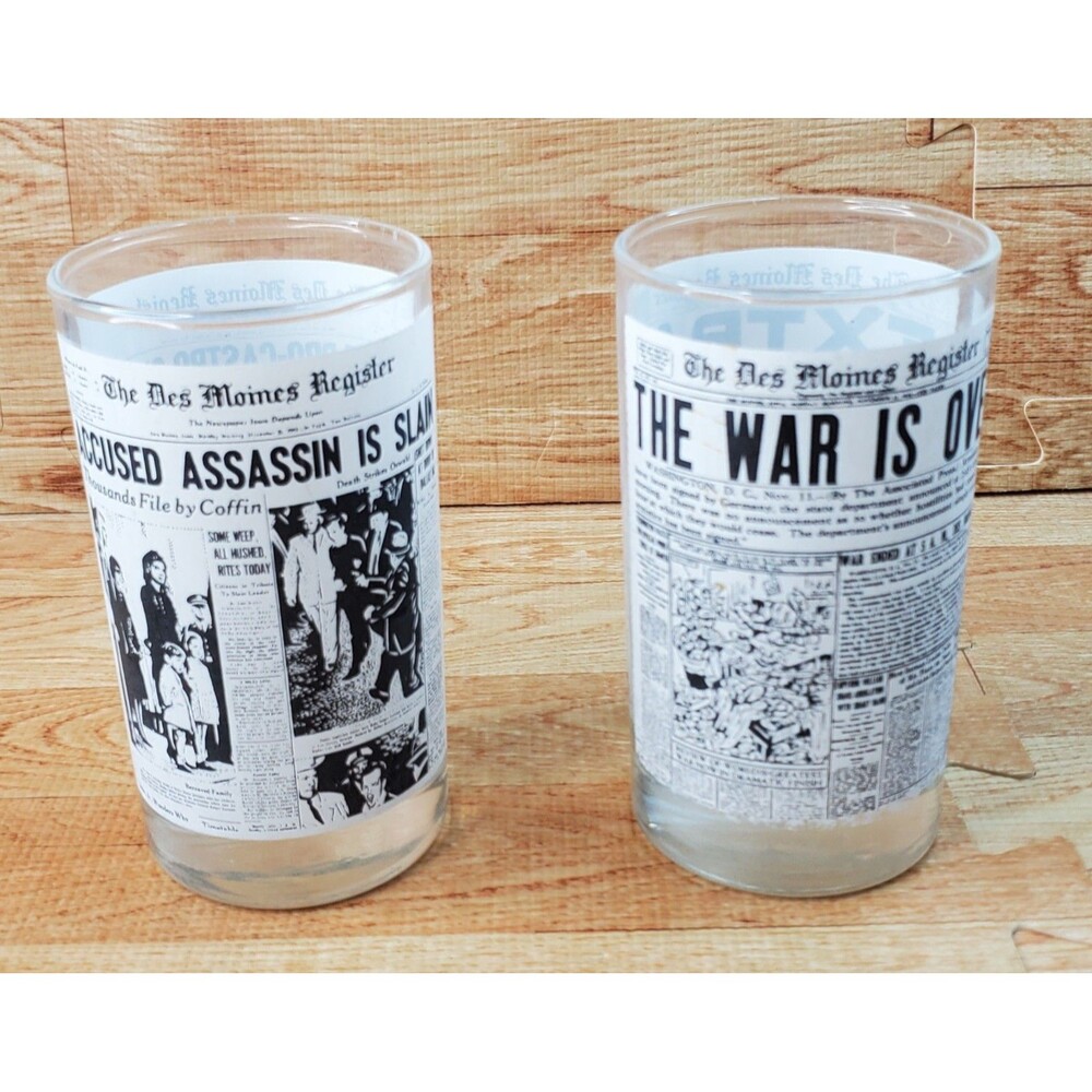 Des Moines Register Headlines Glass Cup Lot of 2